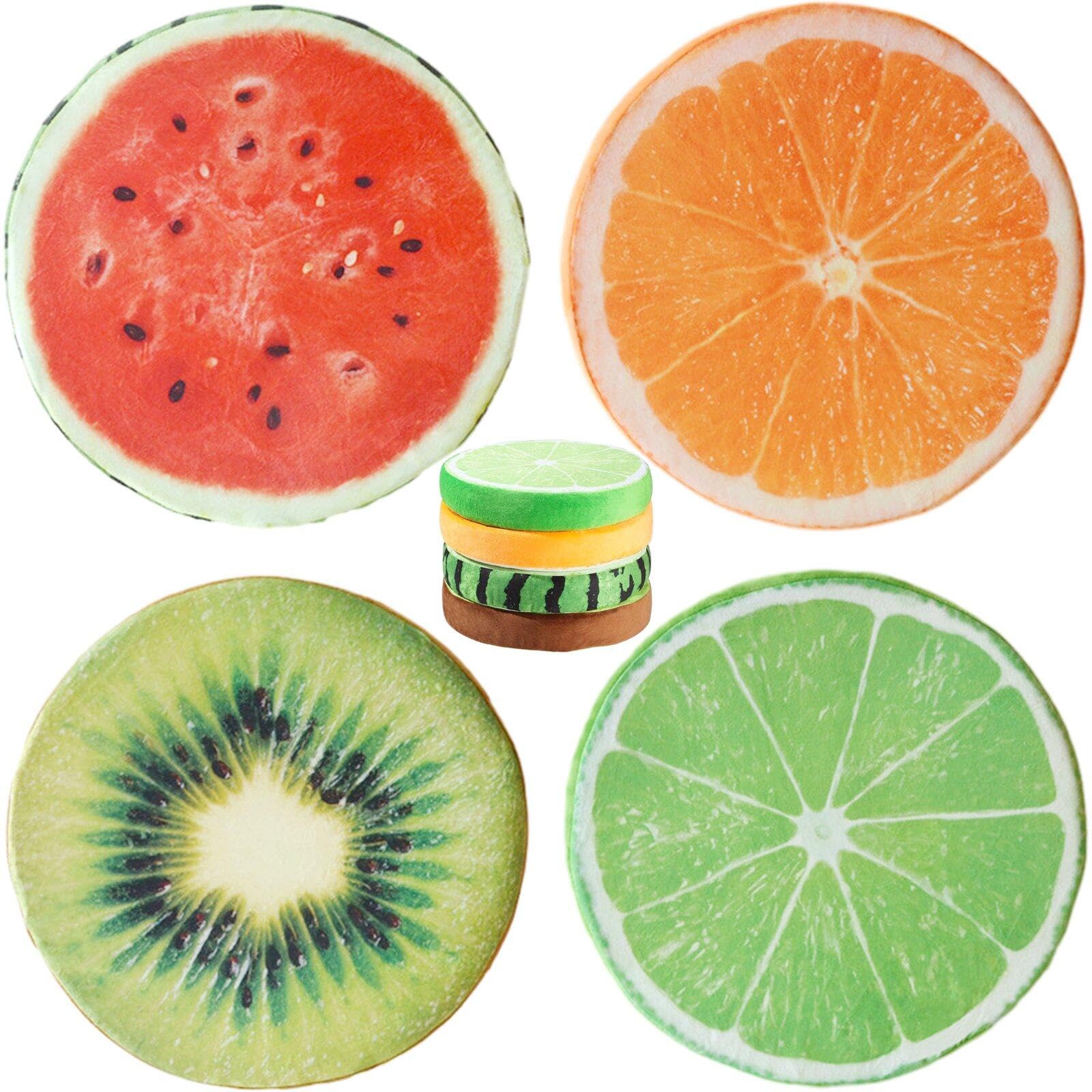 4 Stück Runde Fruchtkissen, Gefüllte Dekokissen 3D Wassermelone Kiwi Orange Zitrone Sitzkissen Dekorativ Kissen Für Schlafzimmer, Wohnzimmer, Büro