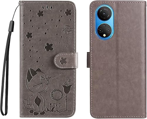 Miniatura 8 de Funda para Honor X7, diseño de estampado de gato y abejas de cuero de primera calidad, con función atril y cierre magnético