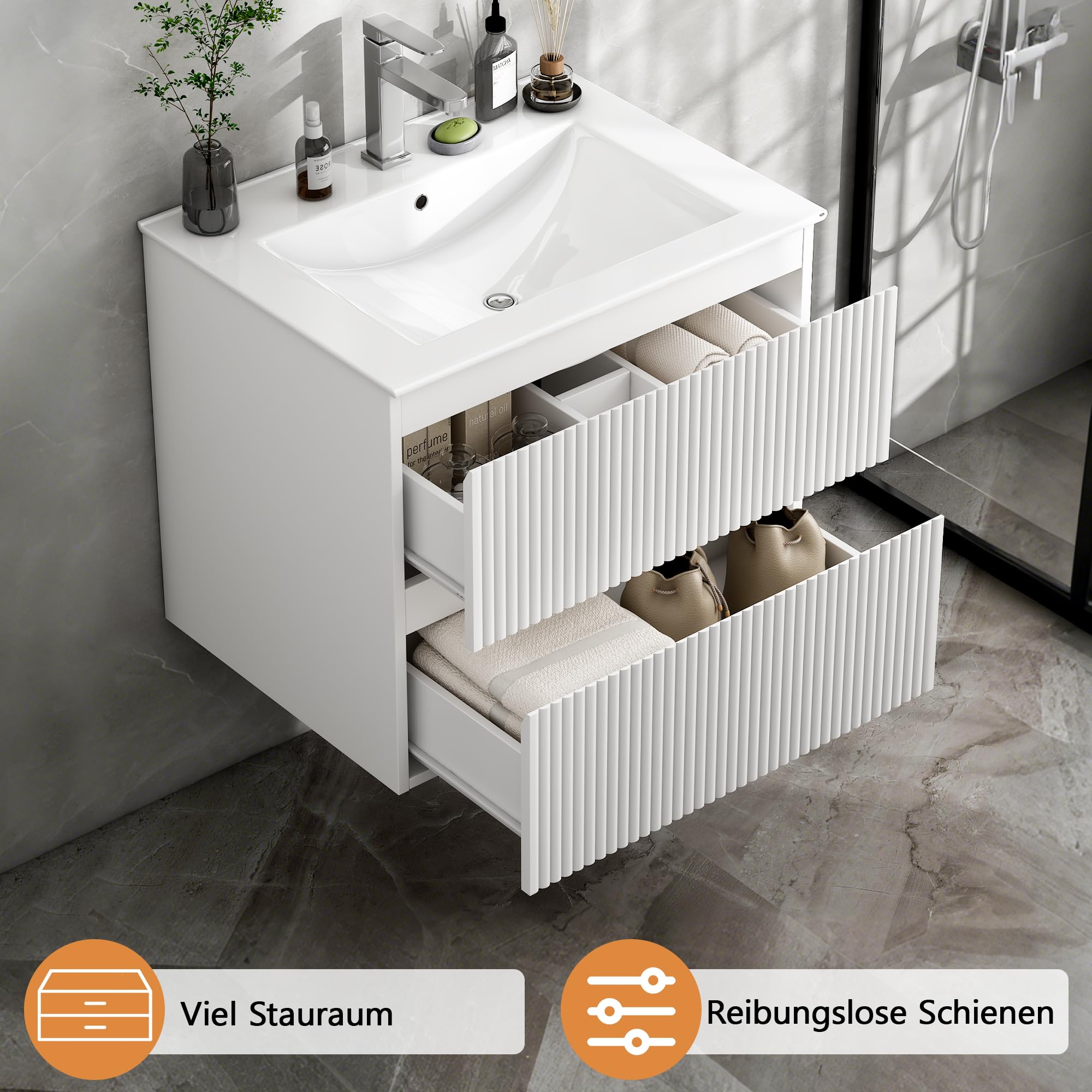 Waschtisch für Gäste-WC 60 cm, Hängender Waschbeckenunterschrank mit Keramik-Waschbecken, 2 Schubladen mit Rillenfront für kleine Bäder, Weiß