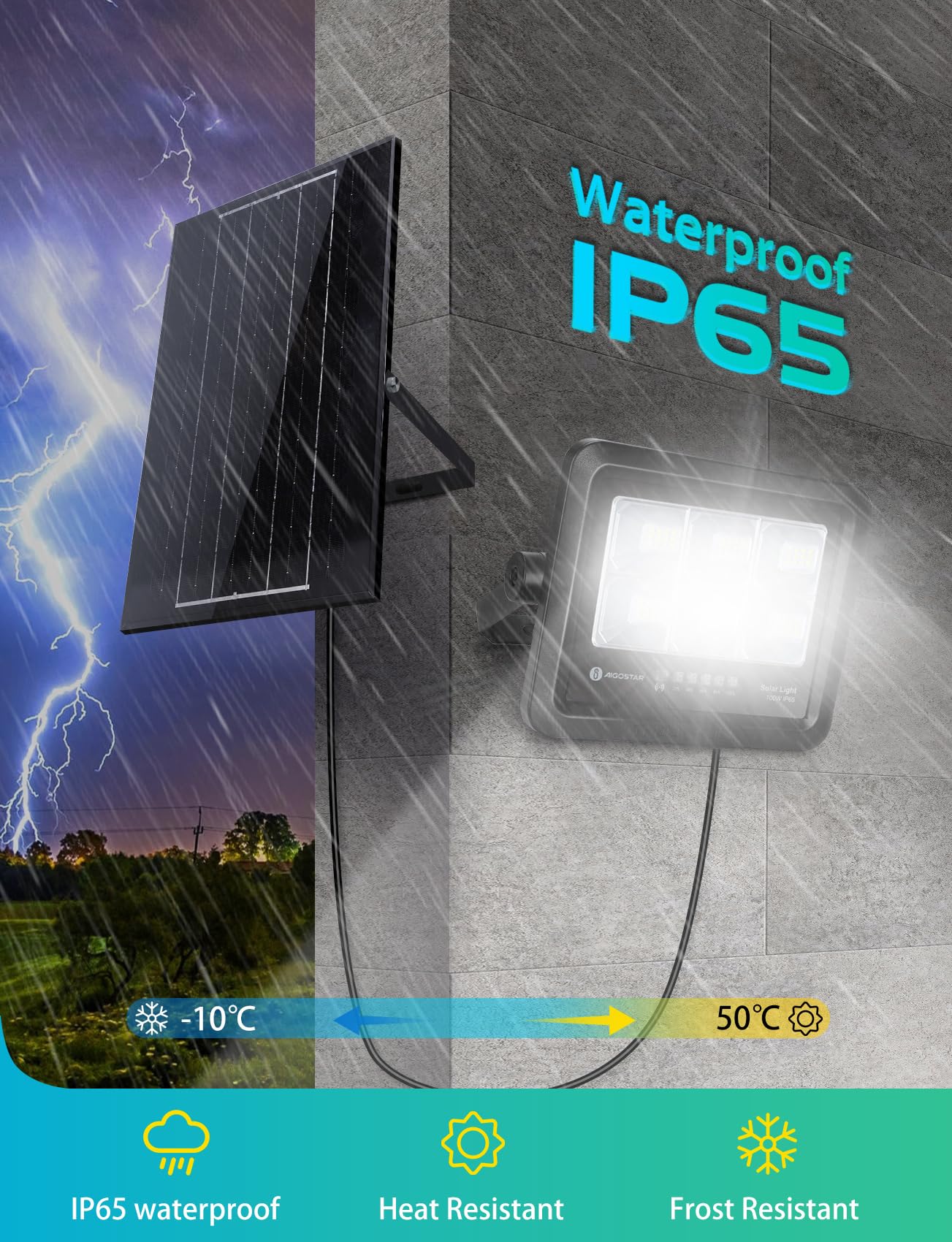 Aigostar Faretto LED Esterno con Pannello Solare 100W, Luce Bianca 6500k. Faretto con Pannello Solare con Telecomando. Grado di Protezione IP65, Faro LED Solare Regola la Luminosità è Funzione Timer