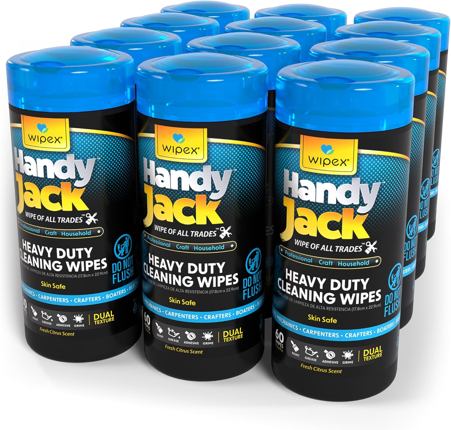 Wipex Handy Jack Degreaser Cleaner Heavy Duty Wipes, Dual Texture Cleaning Cloth for Mechanic Hand Wipes and Surfaces, Clean Tools & Automotive Parts, Paint Remover, Oil, Grease, & Dirt, 60ct Canister