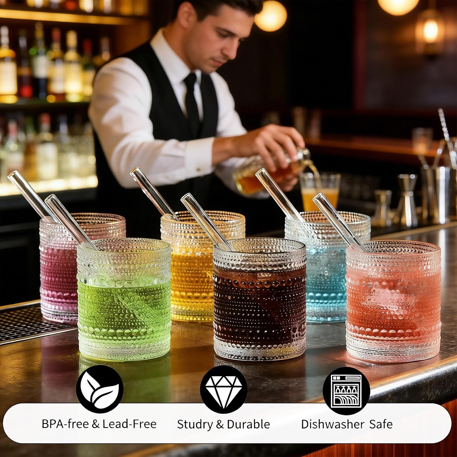 Haundry Short Glass Straws, 6 in x 10 mm Clear Straw for Cocktails, Whiskey, Coffee, Pack of 8 with Cleaning Brush (Straight Straws)