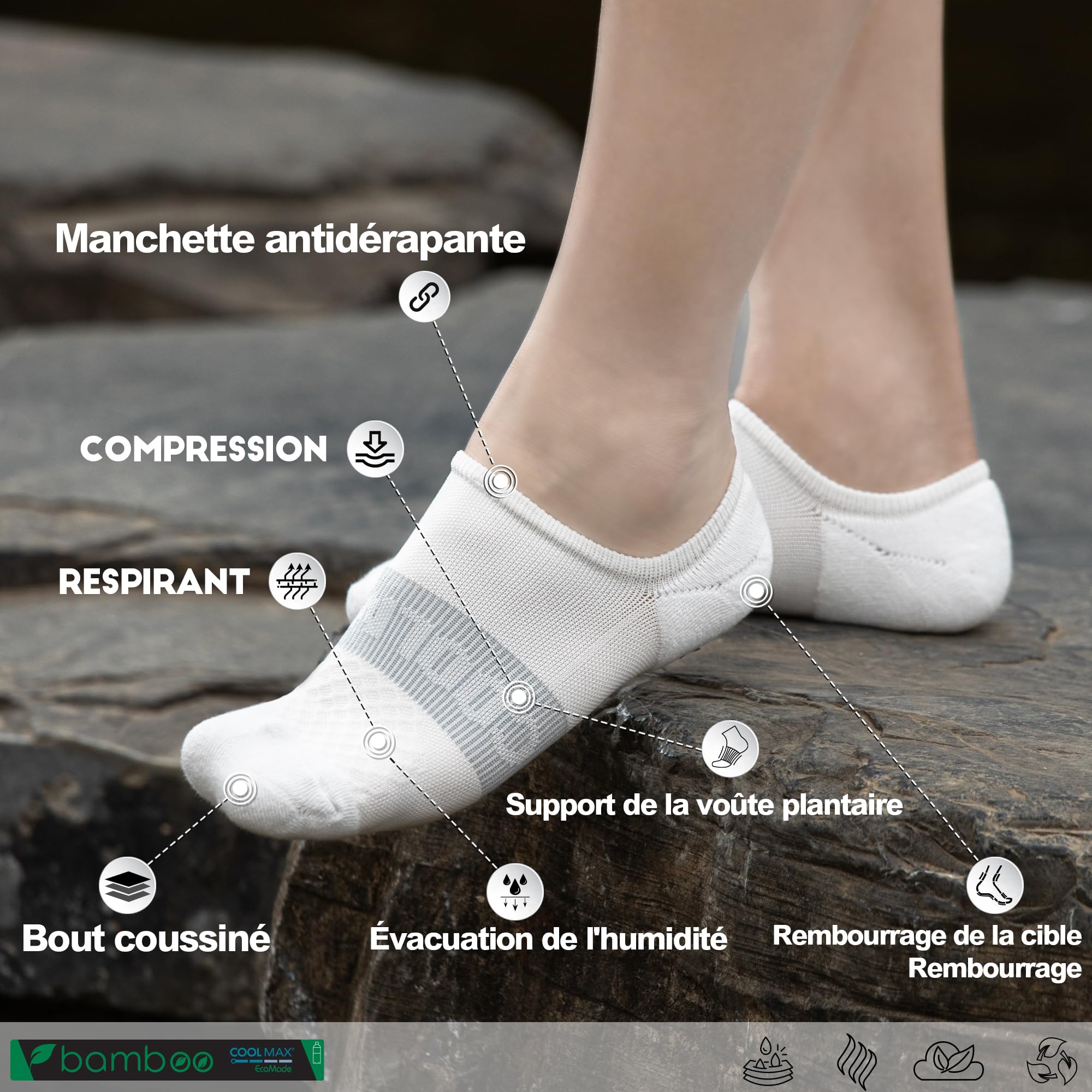 BRISIRA Coolmax Bambou Chaussettes Invisibles Homme Femme 5 Paires Chaussettes Basses Socquettes Contention Sport Running Anti Ampoule 35-38, 39-42, 43-46, 47-49