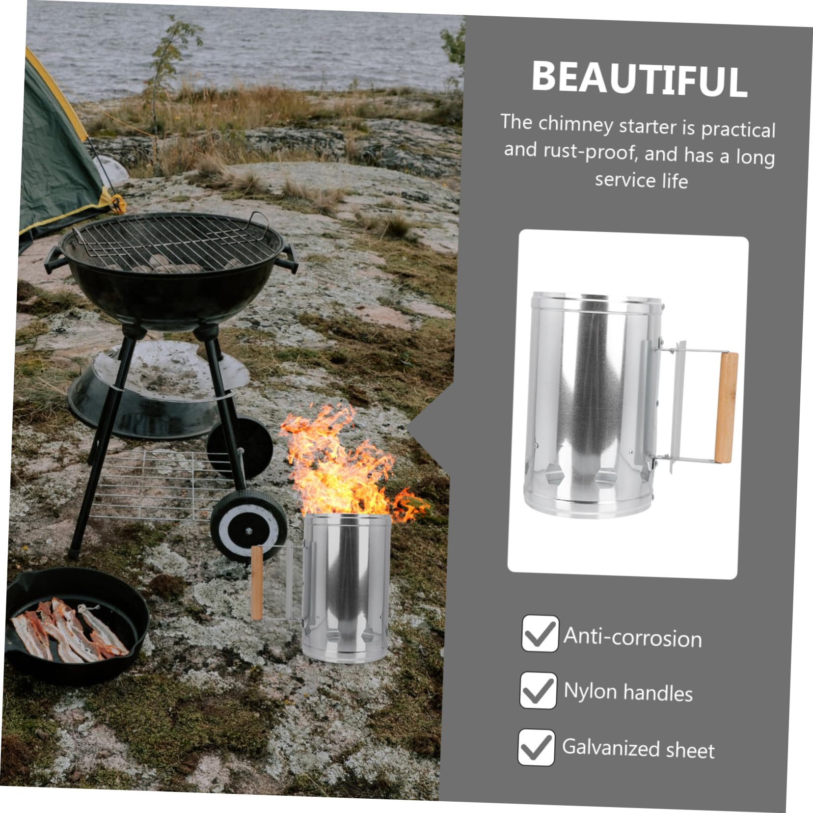 Accenditore Carbone Barbecue in Alluminio Argento Base Ampia | Avvio Rapido della Brace, Prese D’aria Integrate, Adatto per Viaggi e Uscite di Pesca