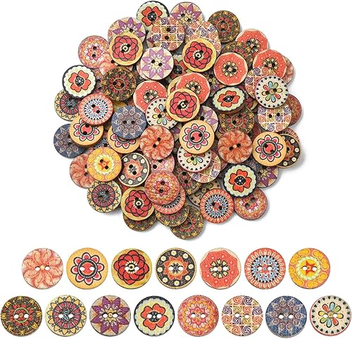 Stiesy 100 botones de madera impresos con dos agujeros, botones redondos planos con patrón de flores, botones decorativos para coser y hacer