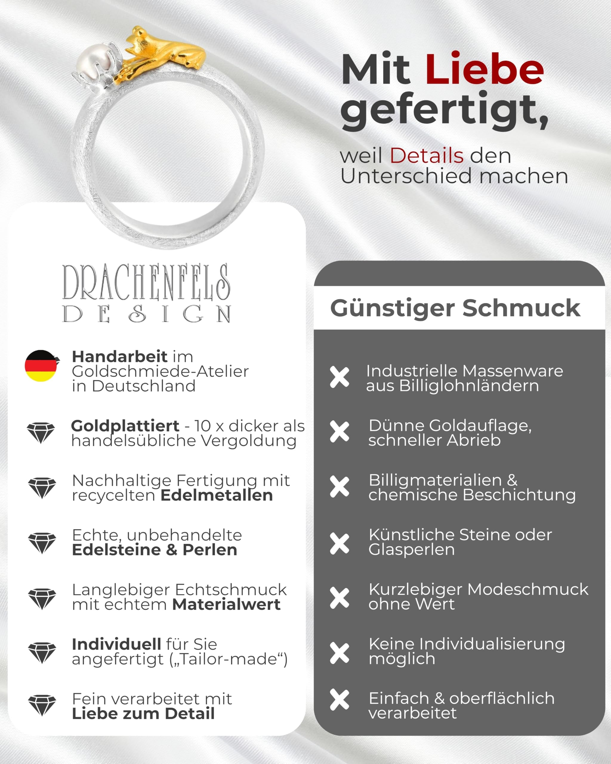 Drachenfels Froschkönig Ring I Größen 52–62 I Edler Damenring aus teilsgoldplattiertem 925 Sterling Silber I Nickelfreier Silberring mit Süßwasserperle I In Goldschmiedequalität gefertigt