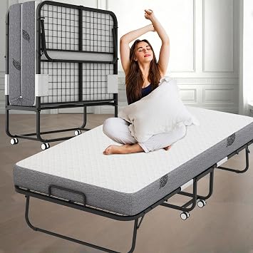 Folding Bed with Mattress 75 X 46 Large Twin XL Size for Adults with 5 Inch Mattress Rollaway Foldable Portable Fold up Spare Guest Bed on Wheels