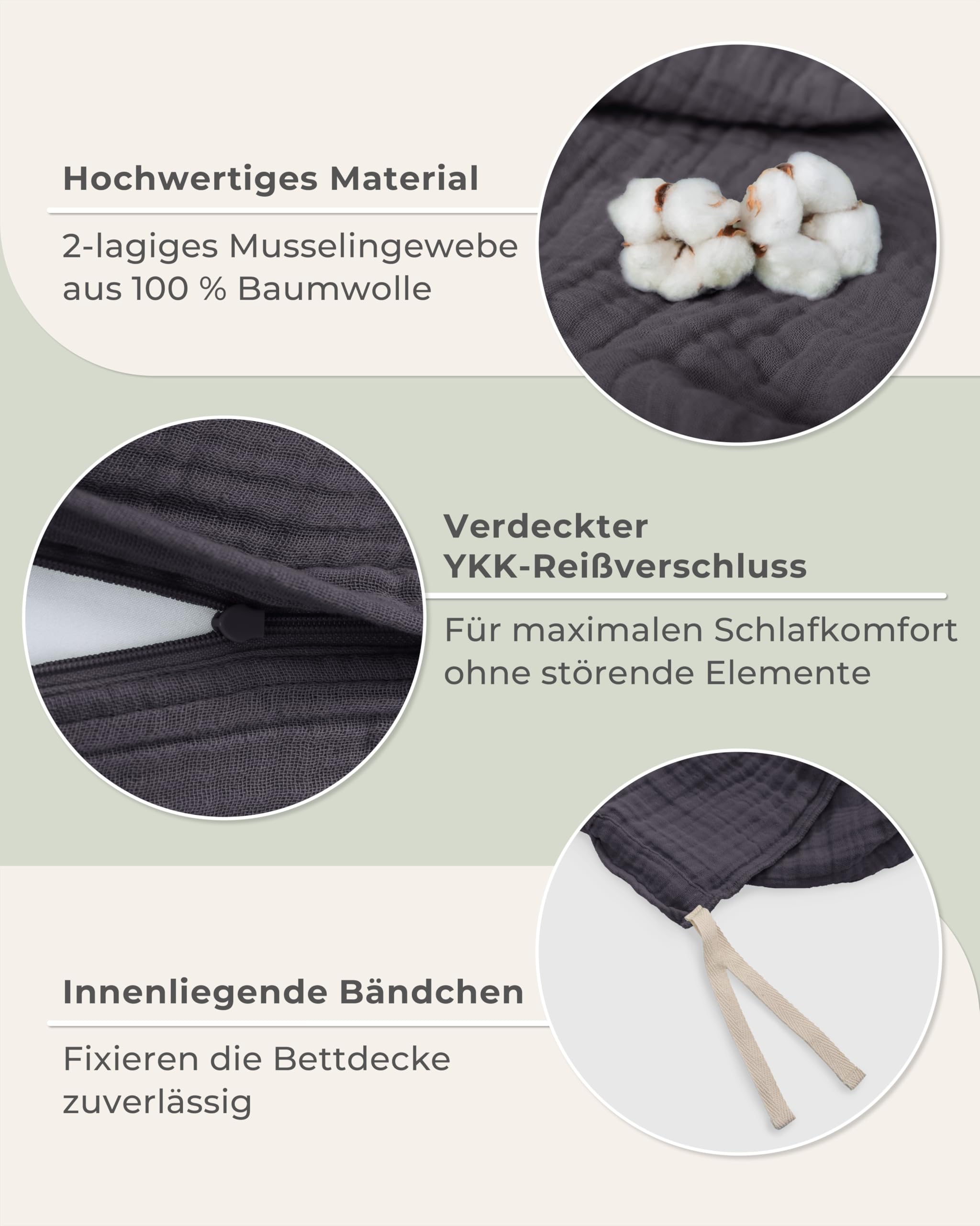 LAYNENBURG Musselin Bettwäsche 135x200 cm + 80x80 cm - Oeko-Tex – 100% Baumwolle – atmungsaktiv & bügelfrei – 2 lagiges Musselin mit Reißverschluss & Haltebändern (anthrazit)