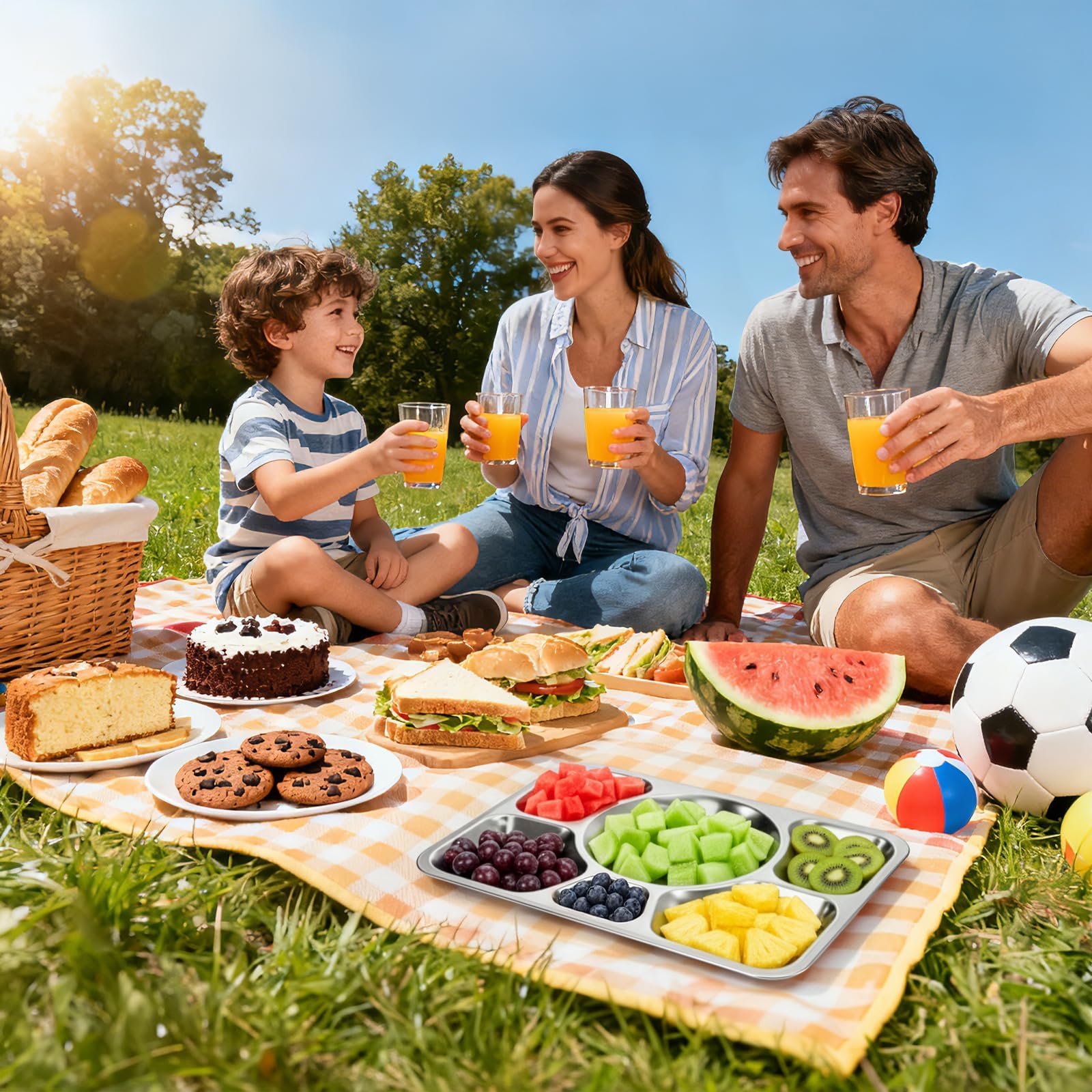 Hacaroa 4 Stück Edelstahl Geteilt Abendessen Teller, 38 x 27 cm Snack Servierplatte mit 6 Fach, Metall Lebensmittel Tabletts für Kinder, Erwachsene, Camping, Diät Portion Control