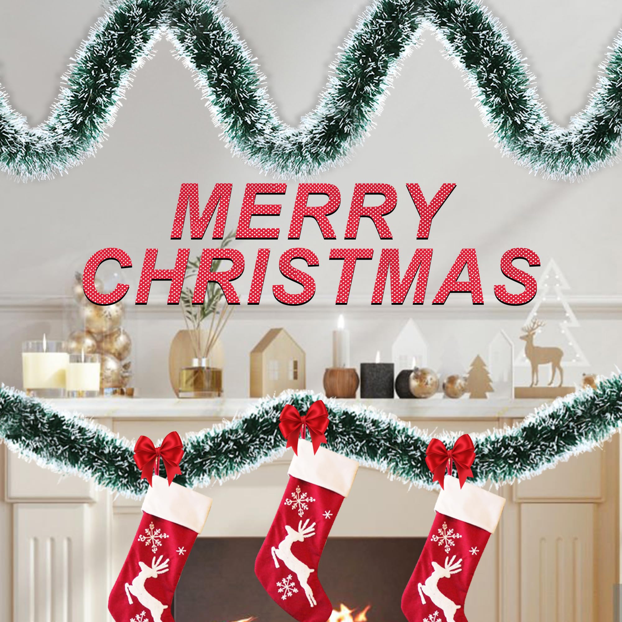 [Verde] Guirnalda de oropel de 50 pies para decoración de Navidad, guirnalda colgante metálica brillante gruesa de Navidad para árbol de Navidad, decoración de fiesta, hogar, interior y exterior,