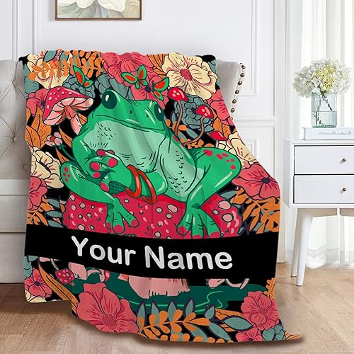 Miniatura 3 de Anuruddha Manta personalizada con nombre, manta de franela con nombre personalizado de rana floral, esponjosa, acogedora, manta de hongo y rana para