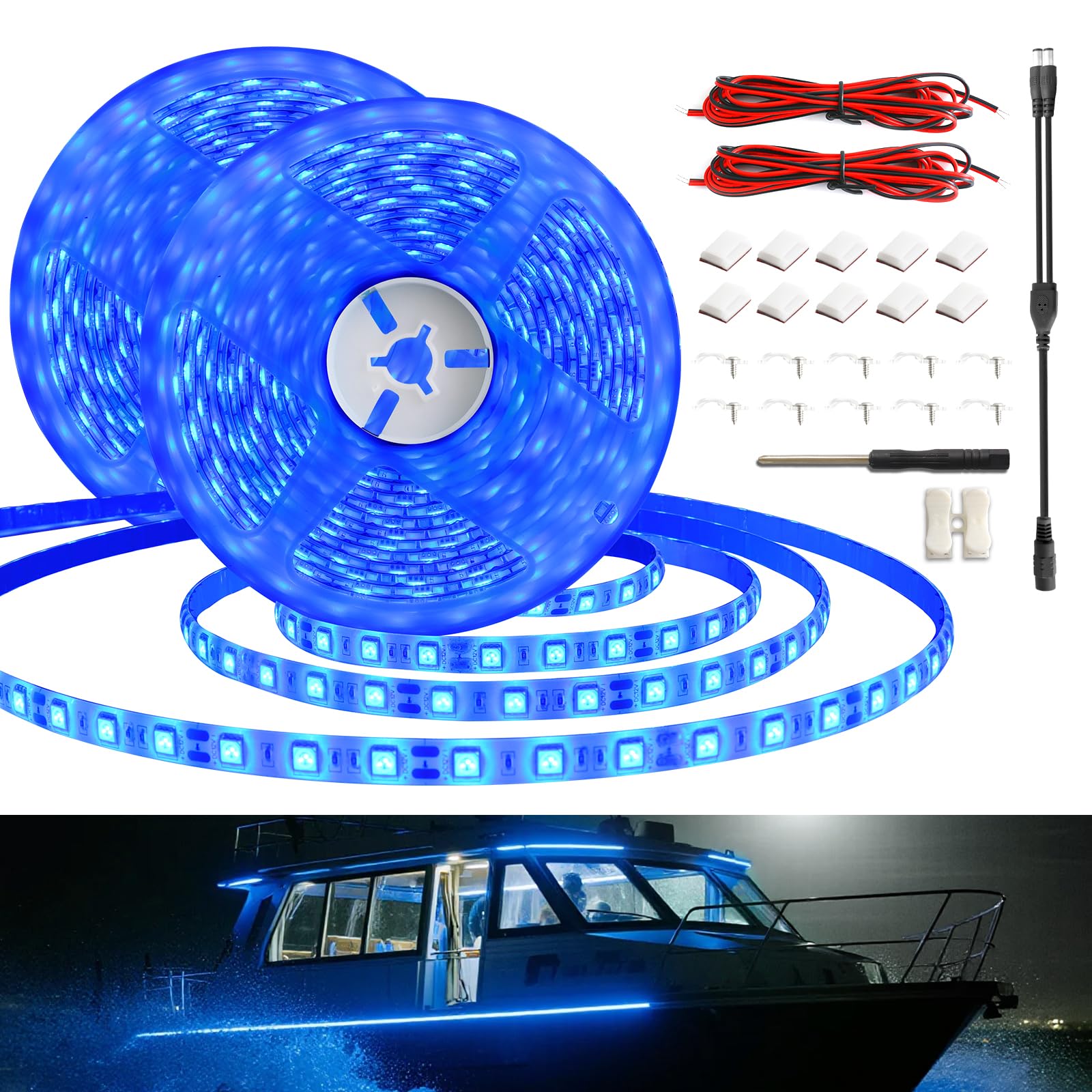 Yiswhis LED Boat Strip Lights, 12V 32.8FT Blue Light Strips, IP65 Waterproof Marine Lighting Kit for Pontoon, Yacht, RV, Outdoor