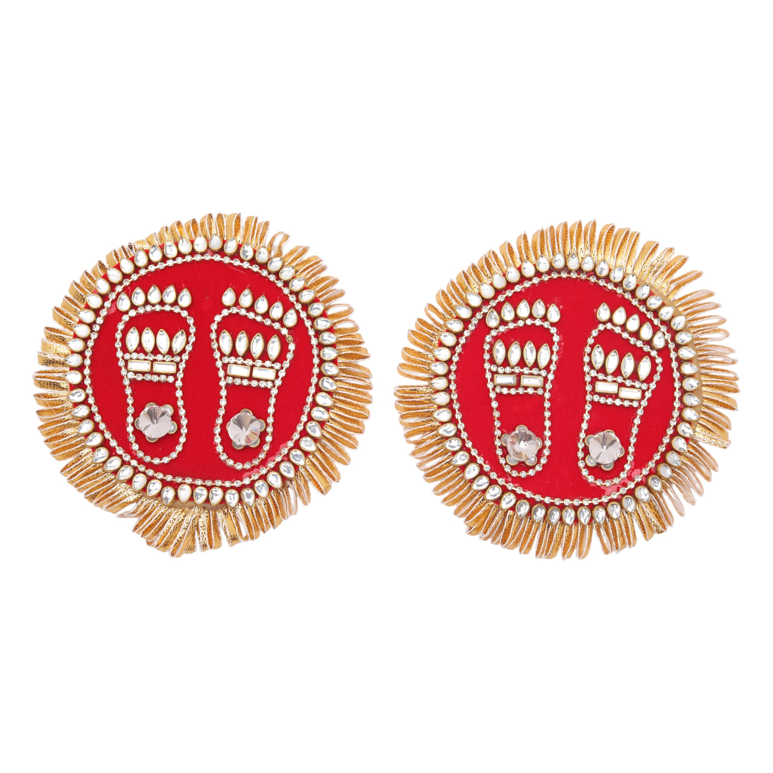 Set of 2 Auspicious Round Laxmi Charan Paduka Feet Sticker for Bandanwar for Handcrafted Valance Showpiece for Home Temple Indian Traditional Diwali Pooja Decoration Home Decor(Size:-3")(Red)