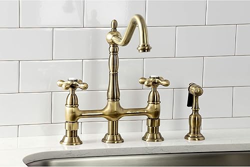 Miniatura 3 de Kingston Brass KS1273AXBS Heritage - Grifo de puente de cocina de 8 pulgadas con rociador de latón, latón antiguo, 8-34 pulgadas