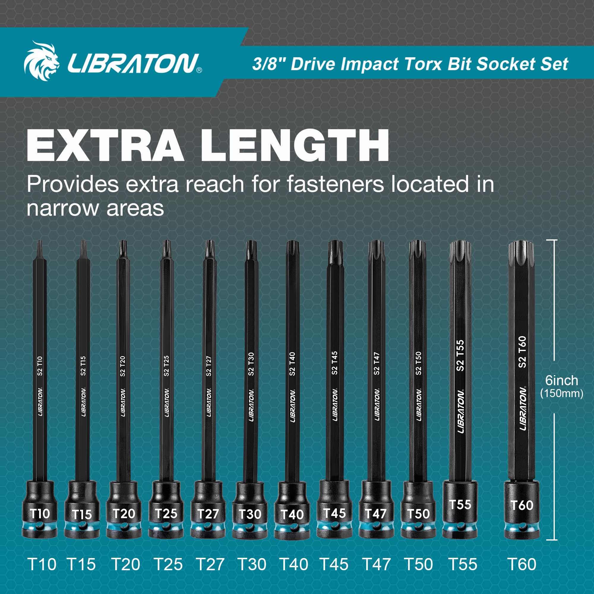LIBRATON Chiavi a Bussola Torx da Attacco da 3/8", Bussola Torx Lunghe, Bussola a Pressione in Acciaio S2, 24 Punte per Chiavi a Bussola, Bussole Per Inserti a Impatto, T10-T60, Lunghezza 48mm e 150mm