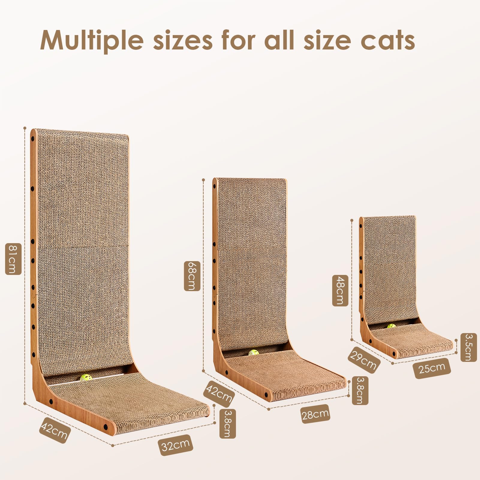 EHEYCIGA Tiragraffi per Gatti a Forma di L Alto 81cm, Tira Graffi Verticale con Palla Giocattolo, Graffiatoio per Gatti in Cartone di Alta Qualità per Pareti e Angoli, Marrone