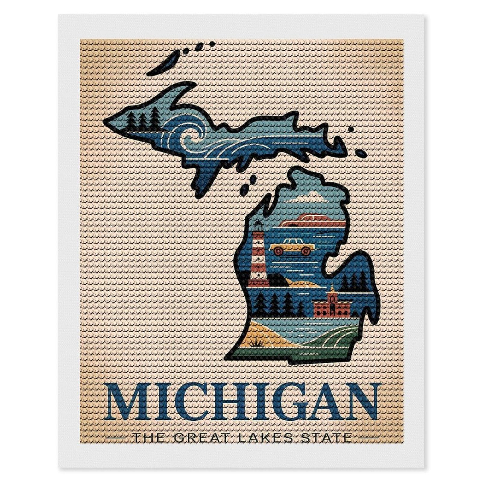 Junmoney Michigan The Great Lakes State Illustration Diamond Painting Set 16"x20", Stress Relief Craft, Easy to Enjoy, Vintage Style Decor, Festive Craft Gift