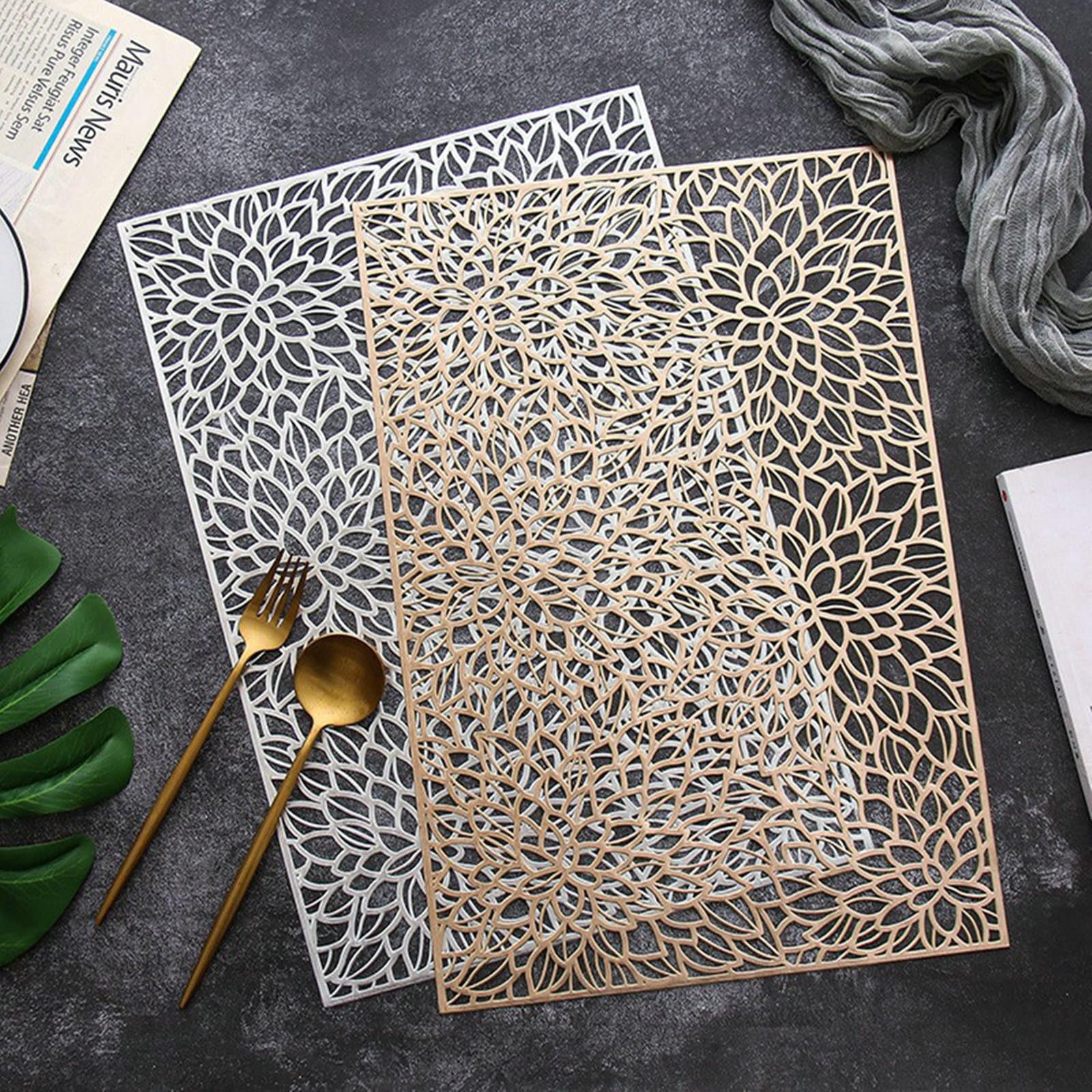 AMDXD Lot de 10 sets de table en PVC - Motif fleurs d'hibiscus - Lavables - Vintage - Carré - Pour la maison et la cuisine - Argenté - 30 x 45 cm