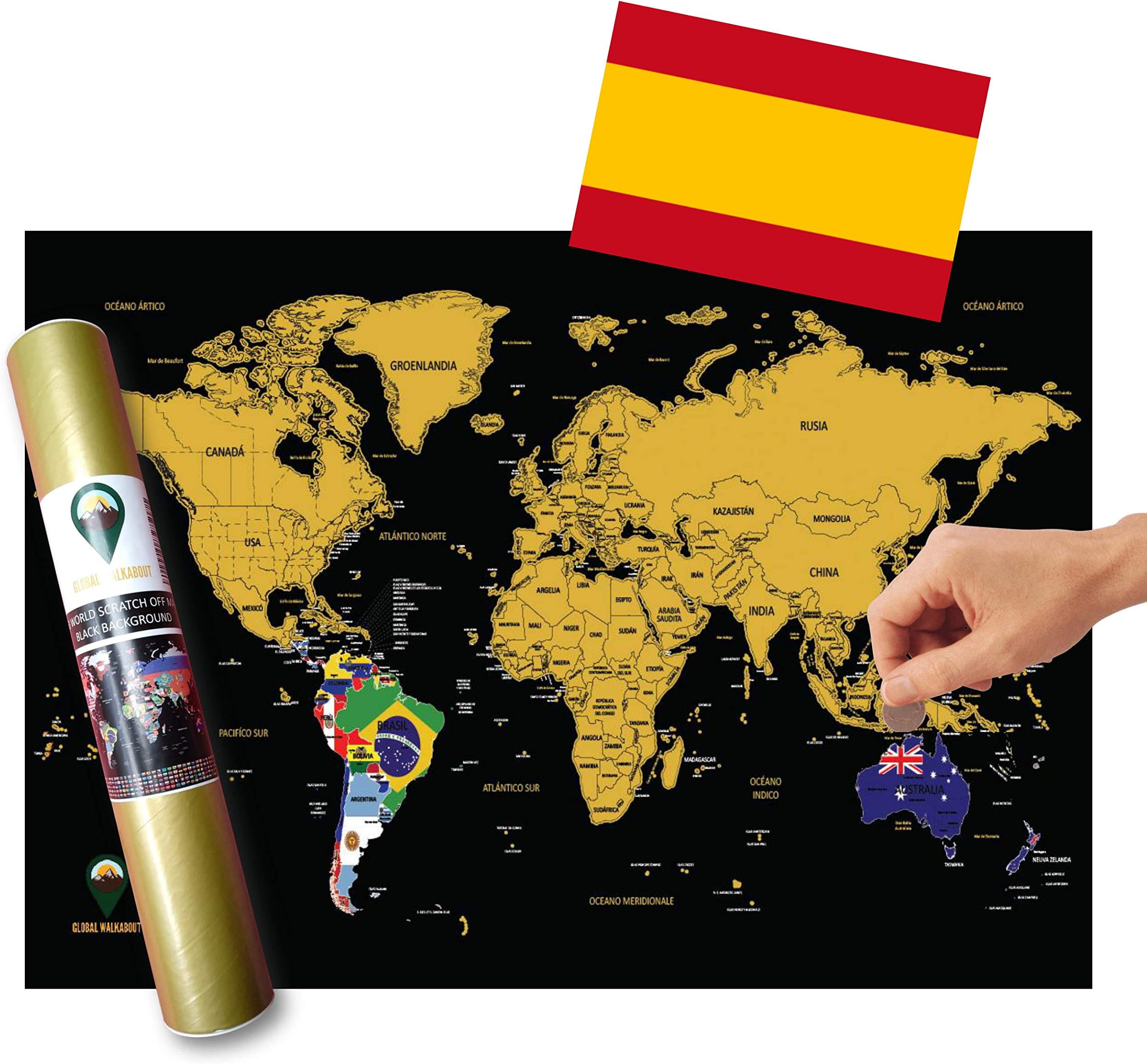 Global Walkabout ESPAĆOL - Mapa Mundi Rascar Con Fondo De Banderas - Cartel De Lujo Del Mapa Mundial - PaĆses Y Hechos - Regalo De Viaje - RECORRIDO MUNDIAL (negro)