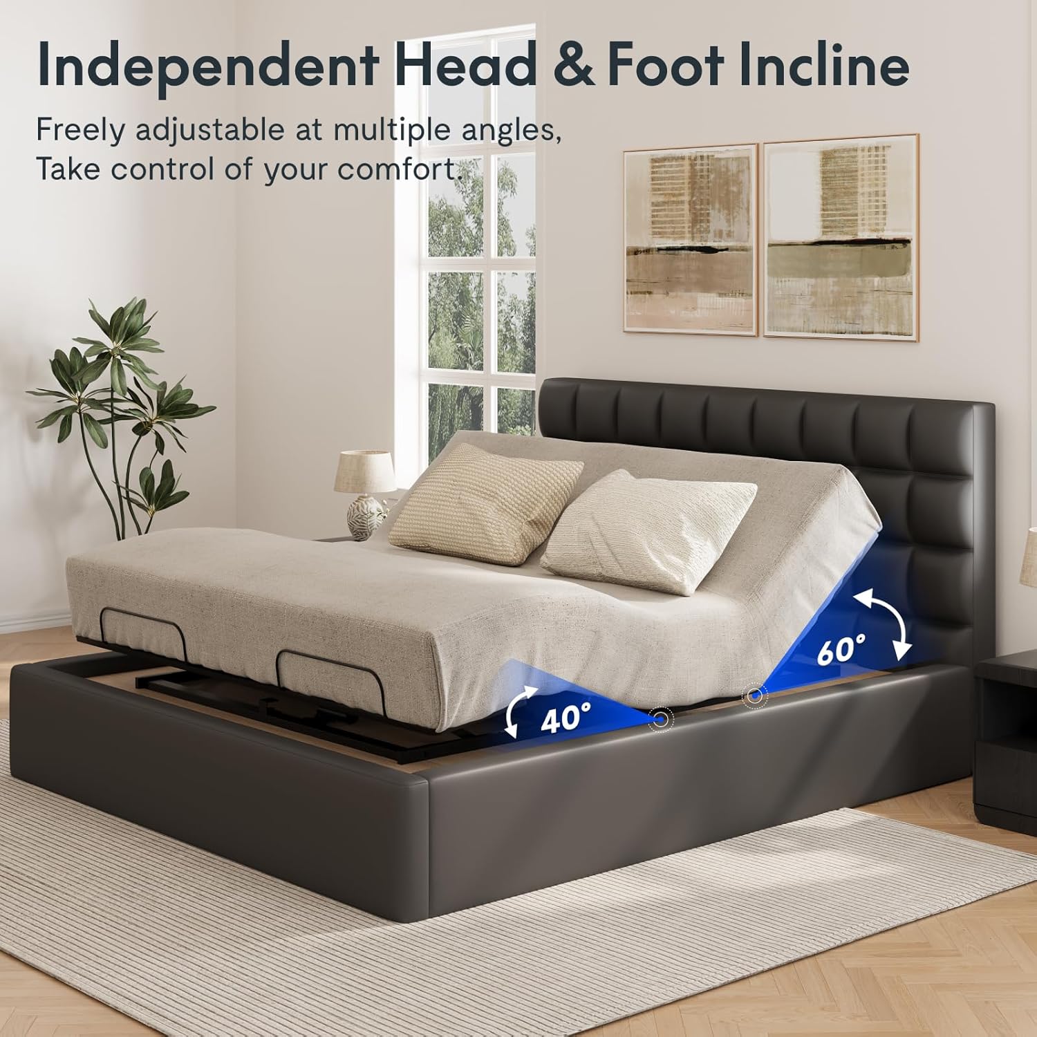 Image illustrating the independent head and foot incline feature of the FLEXISPOT S3K-Lite adjustable bed, showing the head elevated to 60 degrees and foot to 40 degrees.
