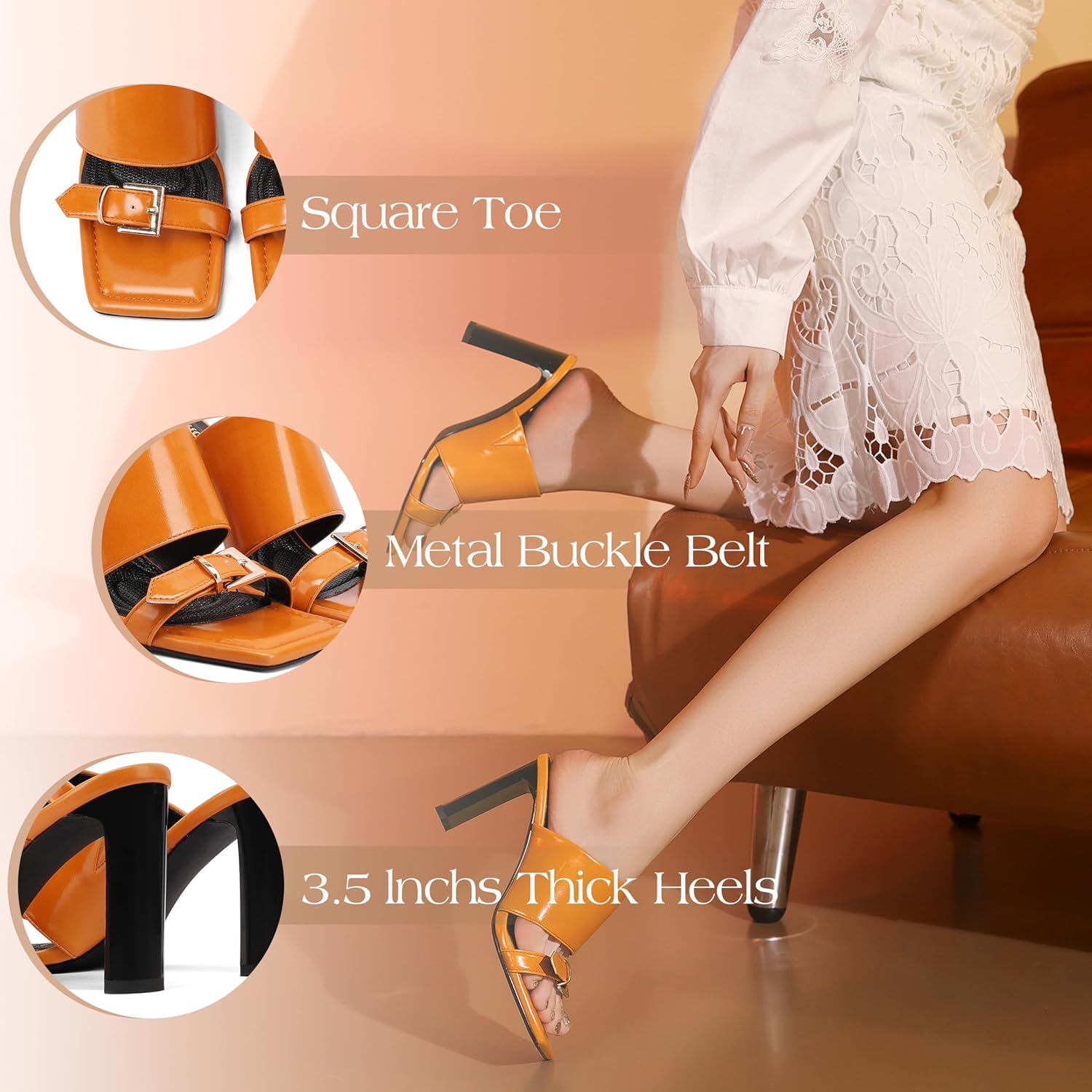 Black Heeled Mules for Women – Wide Band Open Toe Sandals with Square Toe and Buckle Strap Patent Leather Chunky Heels for Evening Outfits and Cocktail Parties - Image 6