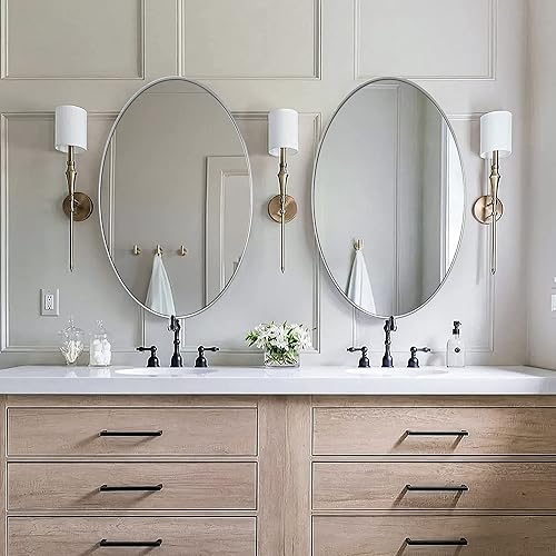 Miniatura 5 de Espejo de pared ovalado, espejo de baño plateado arena con marco de metal, superficie de arena mejorada, espejo ovalado plateado de 22 x 30 pulgadas