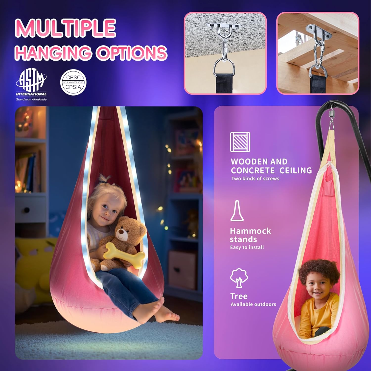 OUTREE Light Up Pod Swing Seat, Sensory Swing with LED Light, Cotton Kids Chair for Indoor and Outdoor, Hammock Chair Easy to Install, Pink - Image 5