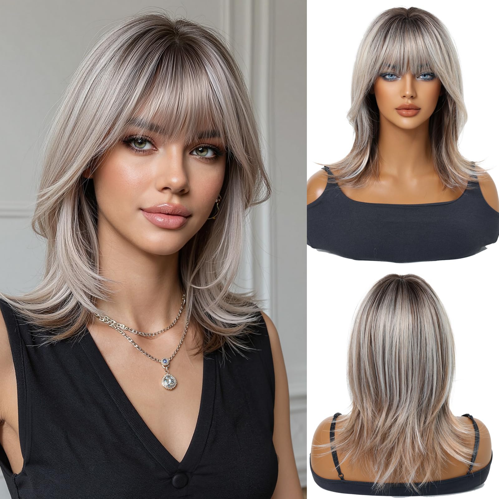 Perruques Blond Cendré pour Femmes Perruques Courtes Dégradées Et Lisses avec Frange Perruques En Cheveux Synthétiques pour Un Usage Quotidien Les Fêtes Ou Le Cosplay