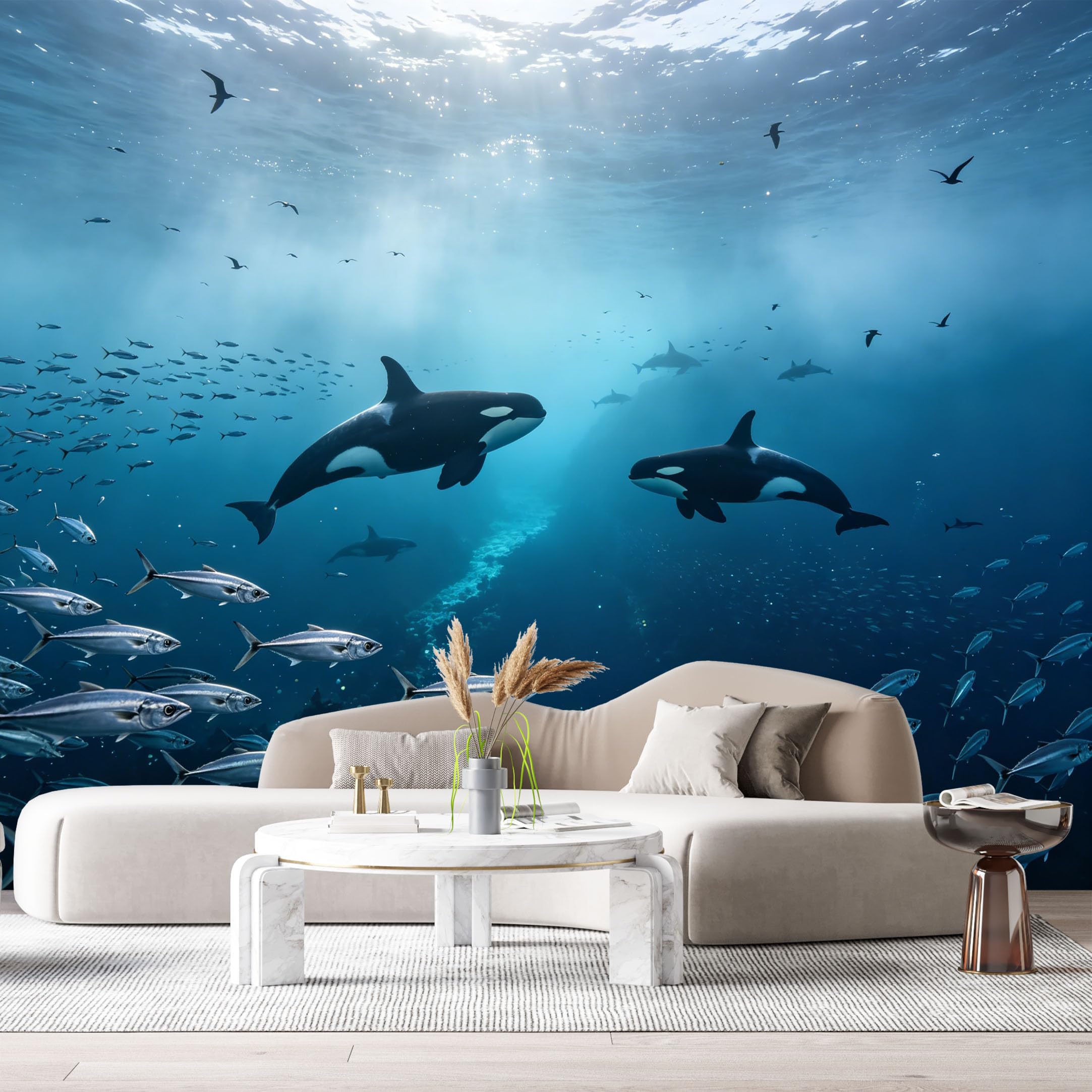 Custom Size Wall Murals Orca Whale Ocean Marine Underwater 3D Trompe Loeil SelfAdhesiveWall Fabric Removable Wallpaper Wall Decor for Living Room Bedroom Bathroom