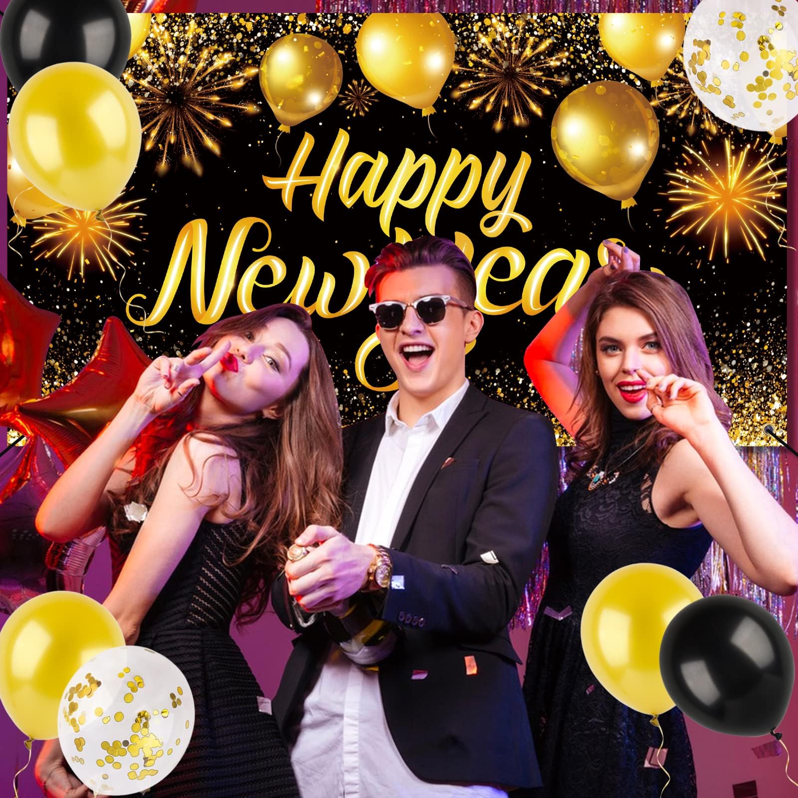 15-teiliges Silvester Deko Set 2025 – Schwarz-Gold Luftballons, Für Party & Tischdeko, Happy New Year