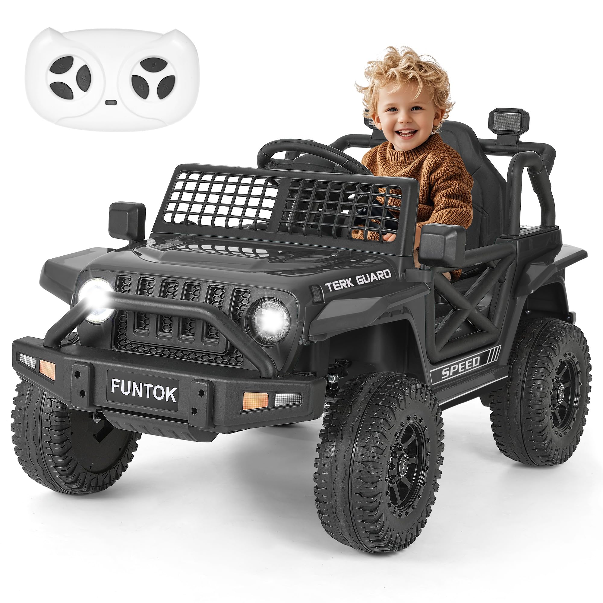 Upgraded 12V 7AH Electric Car for Kids, Ride On Truck Car w/Parent Remote Control, 3 Speeds, Spring Suspension, LED Lights, USB, Bluetooth, Kids' Electric Vehicles to Drive (Black)