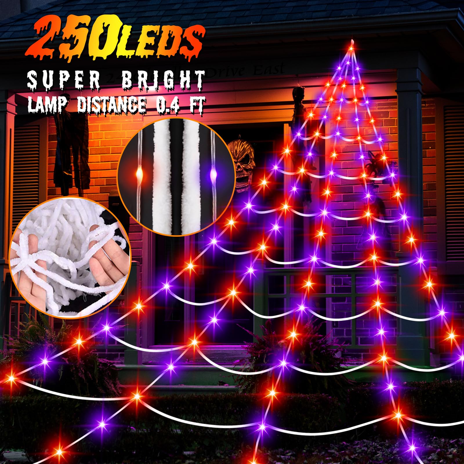 Halloween Decorations Outdoor, 250LED 23x18 FT Giant Spider Web with Purple Orange Lights, Lighted Triangular White Spider Web with Sturdy Wire, Waterproof, Timer, 8 Modes for Yard Halloween Décor
