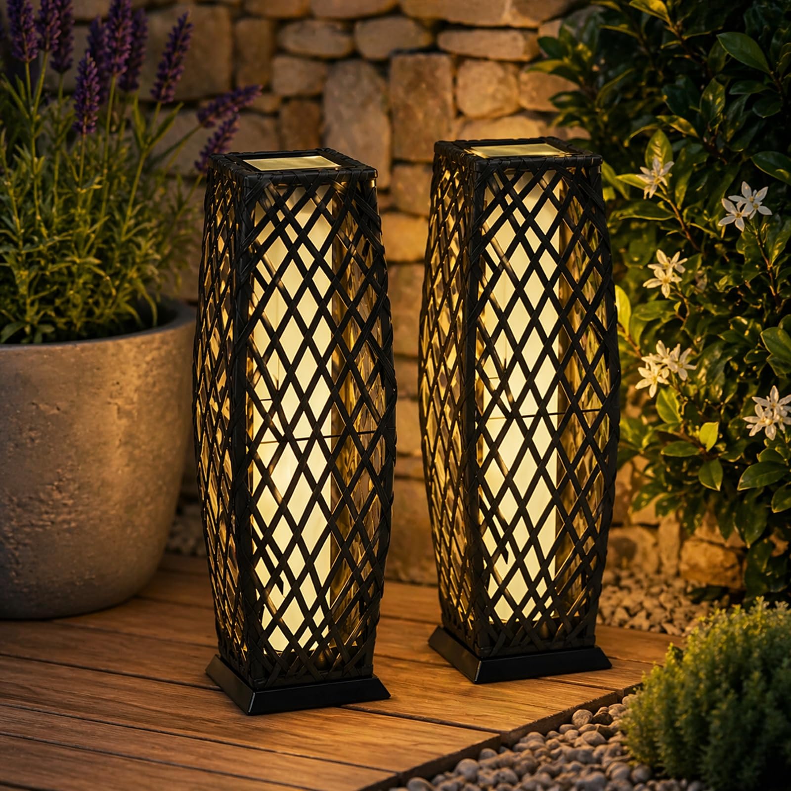 Gr8 Garden Charcoal Set Of 2 Solar Rattan Floor Lanterns, Wicker Effect Outdoor Pathway Lights, Led Garden Patio Lamps, Warm White, Auto On/Off, Solar Powered, Ip44