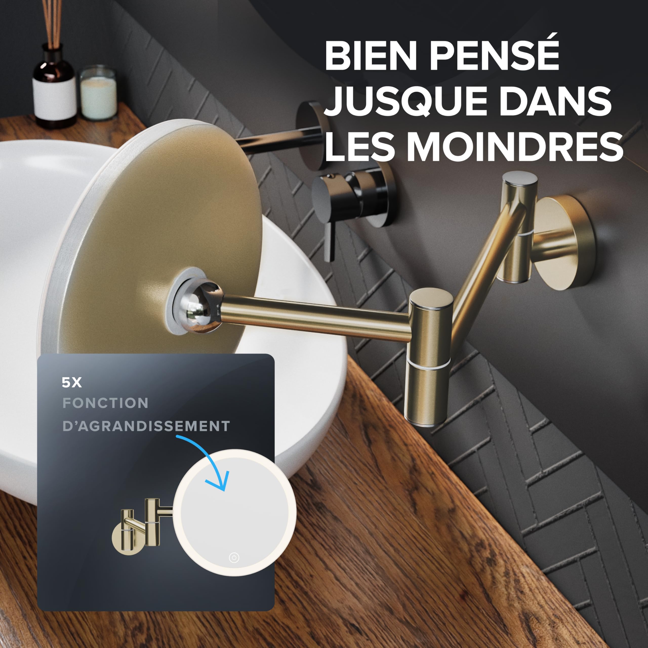 0vimar cosmétique Blavand Or | avec éclairage | Rechargeable | Montage Mural pour perçage | dans la Salle de Bain | Miroir grossissant 5X | Miroir de Maquillage | Miroir à 360 degrés