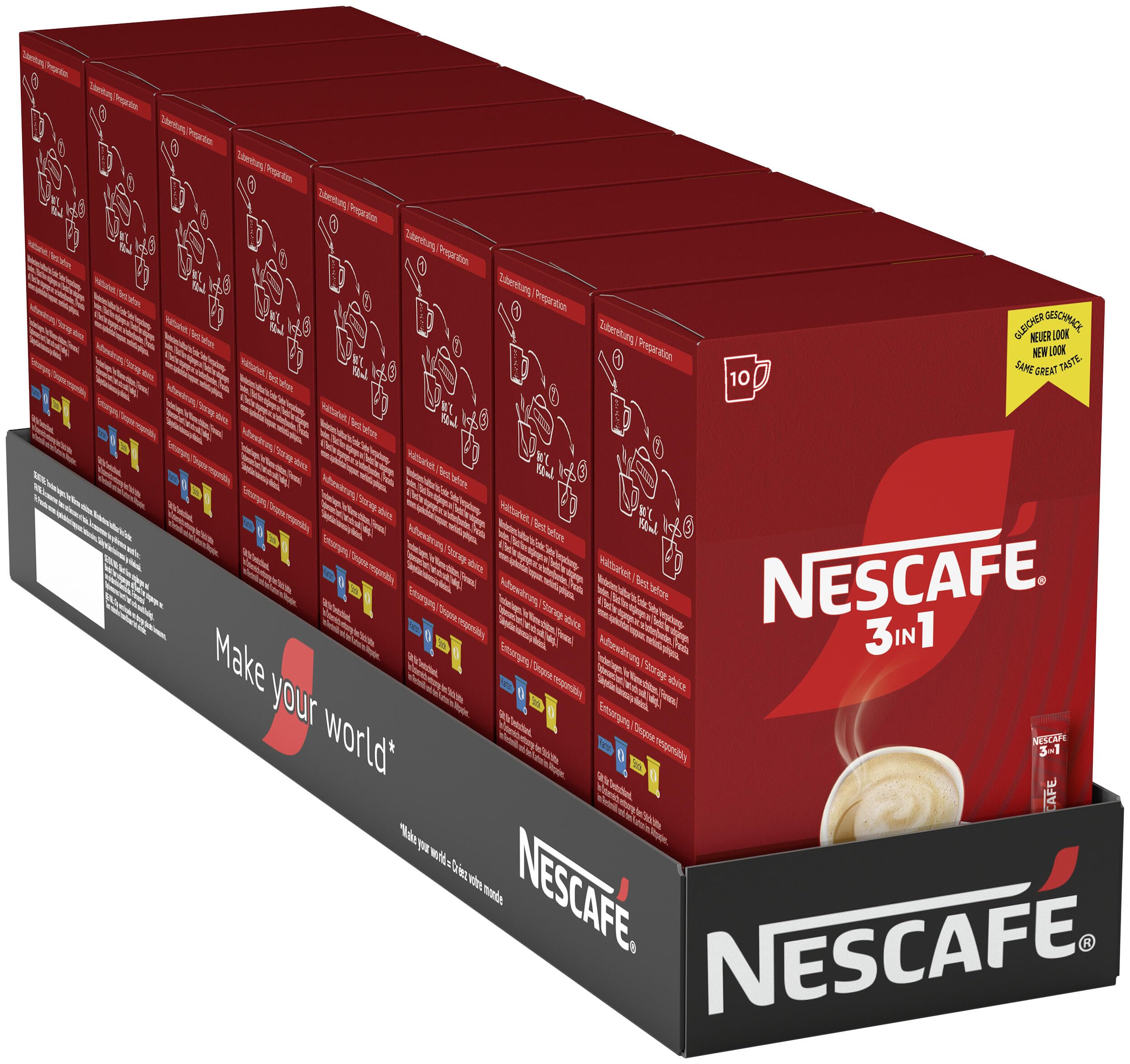 NESCAFÉ 3-in-1 Getränkepulver-Sticks, löslicher Bohnenkaffee mit Creamer & Zucker, Instant-Kaffee aus erlesenen Kaffeebohnen, koffeinhaltig, 8er Pack (8 x 10 -Sticks à 16,5g)