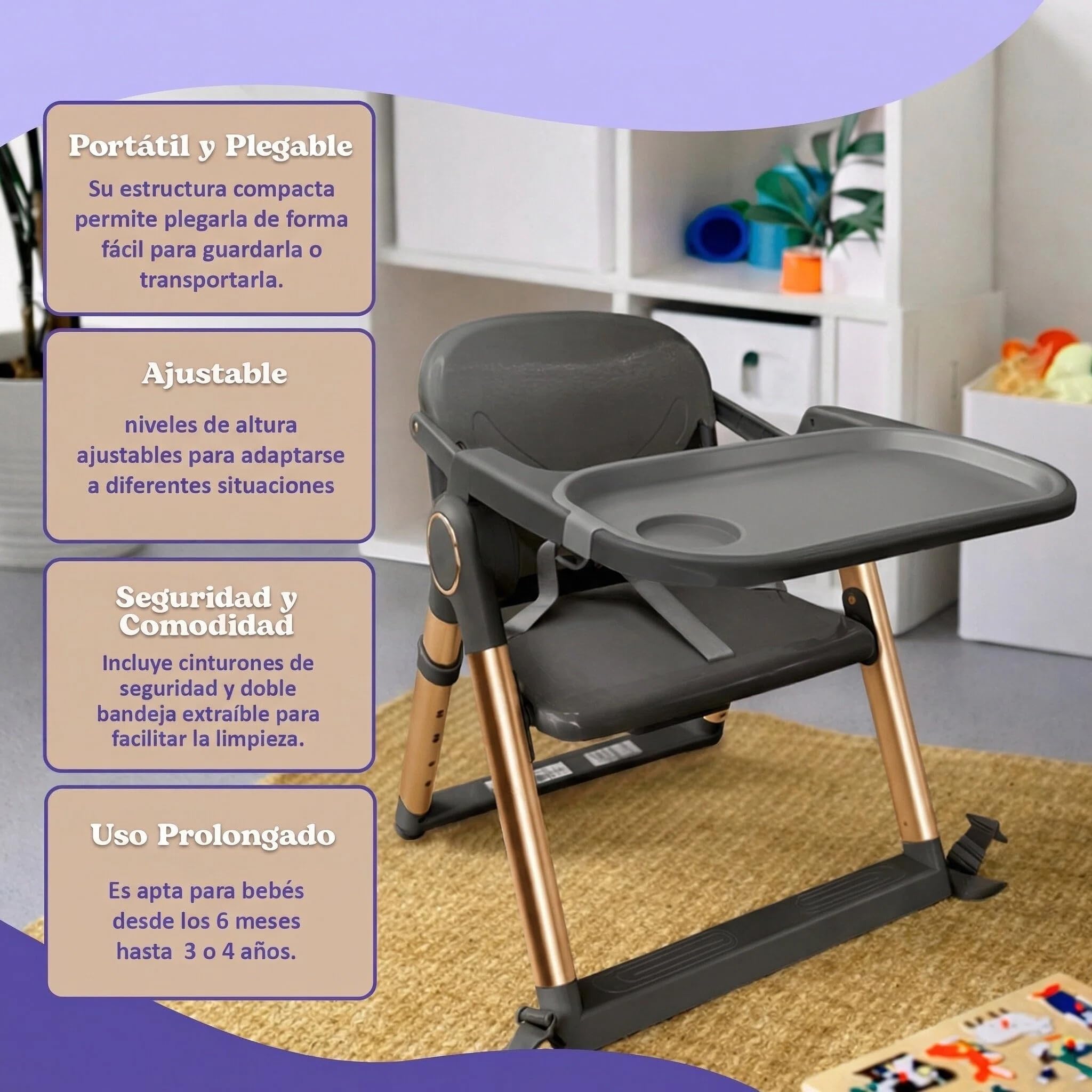 Chaise Haute Bébé Pliable Compacte 2 en 1, Rehausseur Bébé Portable avec Sangles, 4 Hauteurs Réglables, Plateau Amovible, Gain de Place, Sac de Transport, 6-36 Mois jusqu’à 15 kg (Noir Doré)