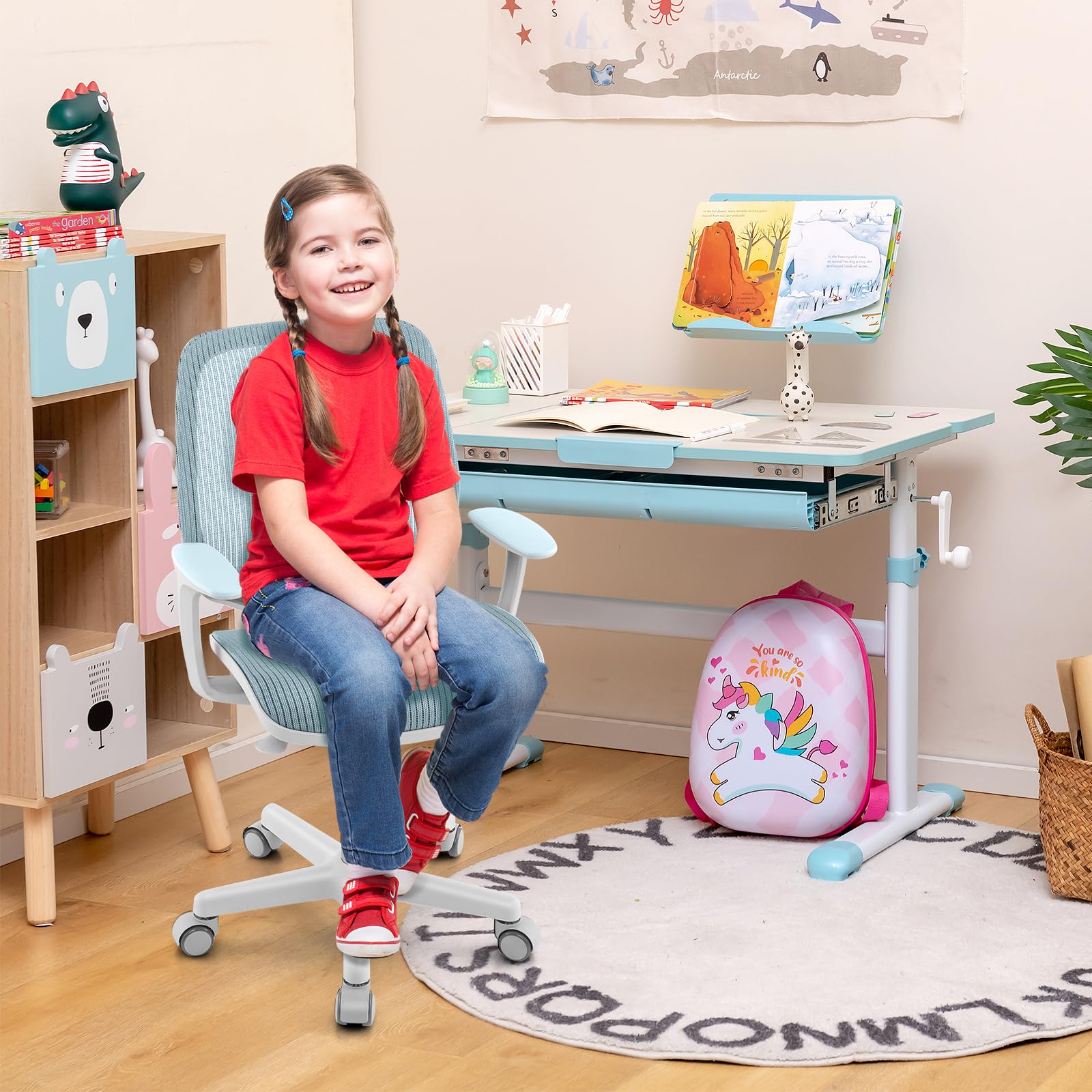 GYMAX Sedia da Scrivania per Bambini 4-15 Anni, Sedia da Cameretta Ergonomica, Altezza Regolabile, Girevole a 360°, 57 x 57 x 80-92 cm (Azzurro)