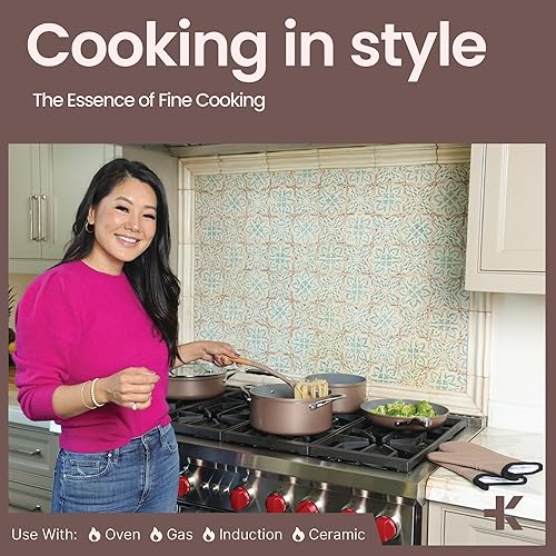 Miniatura 11 de Crystal Kung Minkoff - Juego de utensilios de cocina de cerámica  Juego de 14 ollas y sartenes con tapas, utensilios de silicona y guantes de horno,