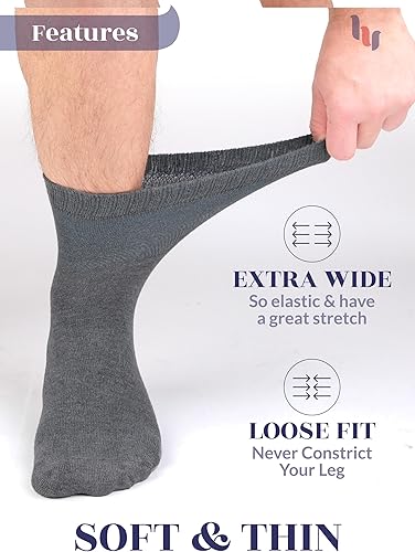 Vista 26 de Hugh Ugoli Calcetines para diabéticos para hombre, calcetines tobilleros sueltos, bambú, extra anchos, finos, sin costuras, parte superior no 17