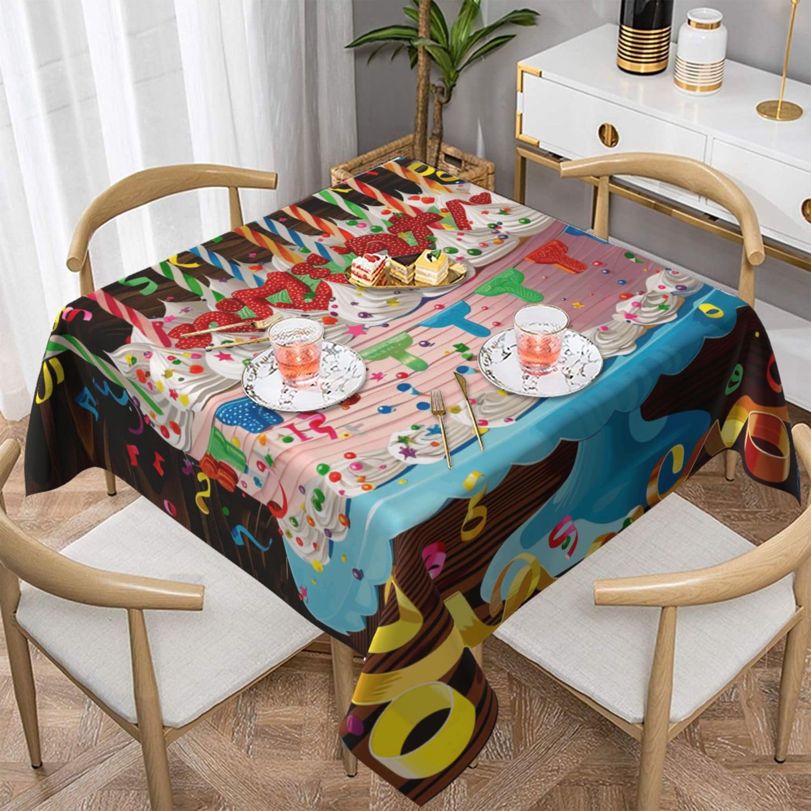 WPKJU Happy Birthday Big Cake Printed Square Tablecloth 54x54 inch Water Resistant Table Cover Washable Rectangle Table Cloth for Dining Tables