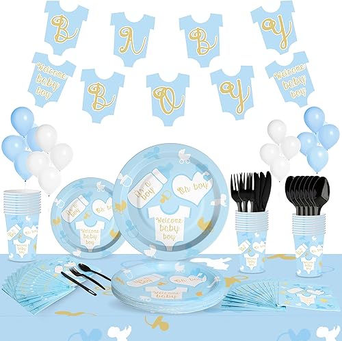 Baby Boy Shower 202-Piece Set (Blue + Silver, full tableware + decor)
