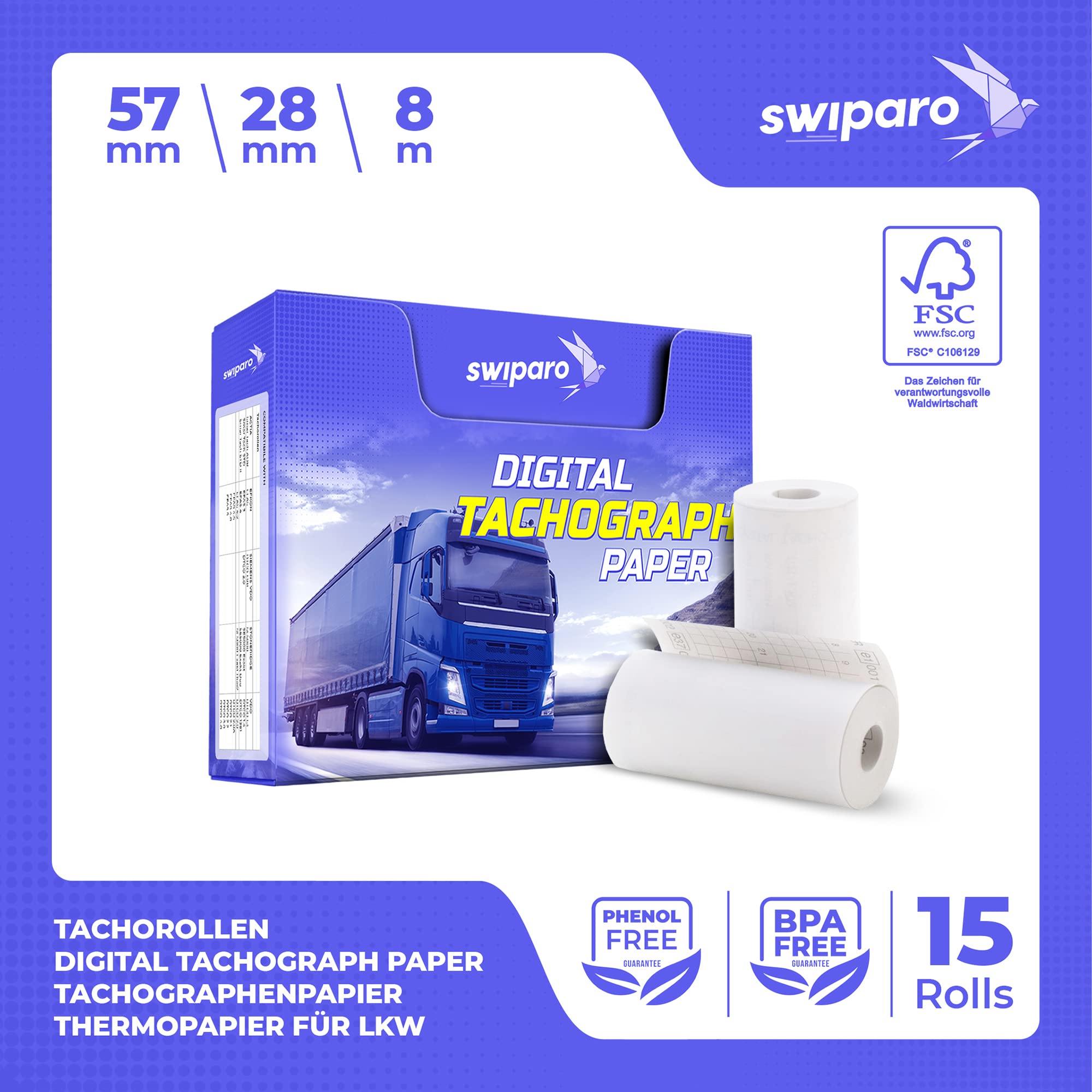 SWIPARO - Certified Tachograph Paper Rolls - Thermal Paper for All Truck Digital Tachographs - 57/8mm (Pack of 15) - Image 3