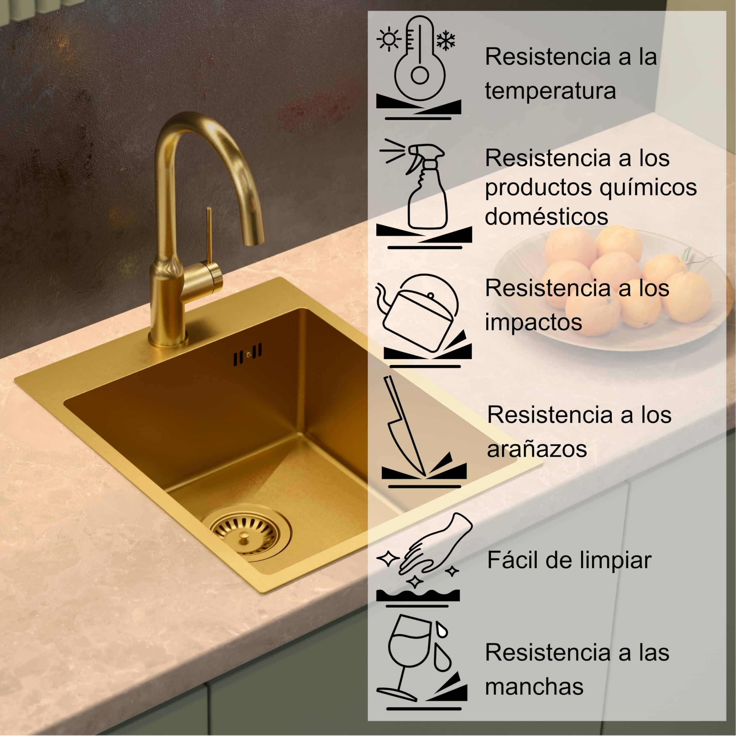 QUADRON fregadero plata | tamaño 40 x 50 cm | fregadero de un seno RUSSEL 90 fregadero de cocina de un seno con cámara de acero fregadero de acero inoxidable | con sifón y tapón de rosca