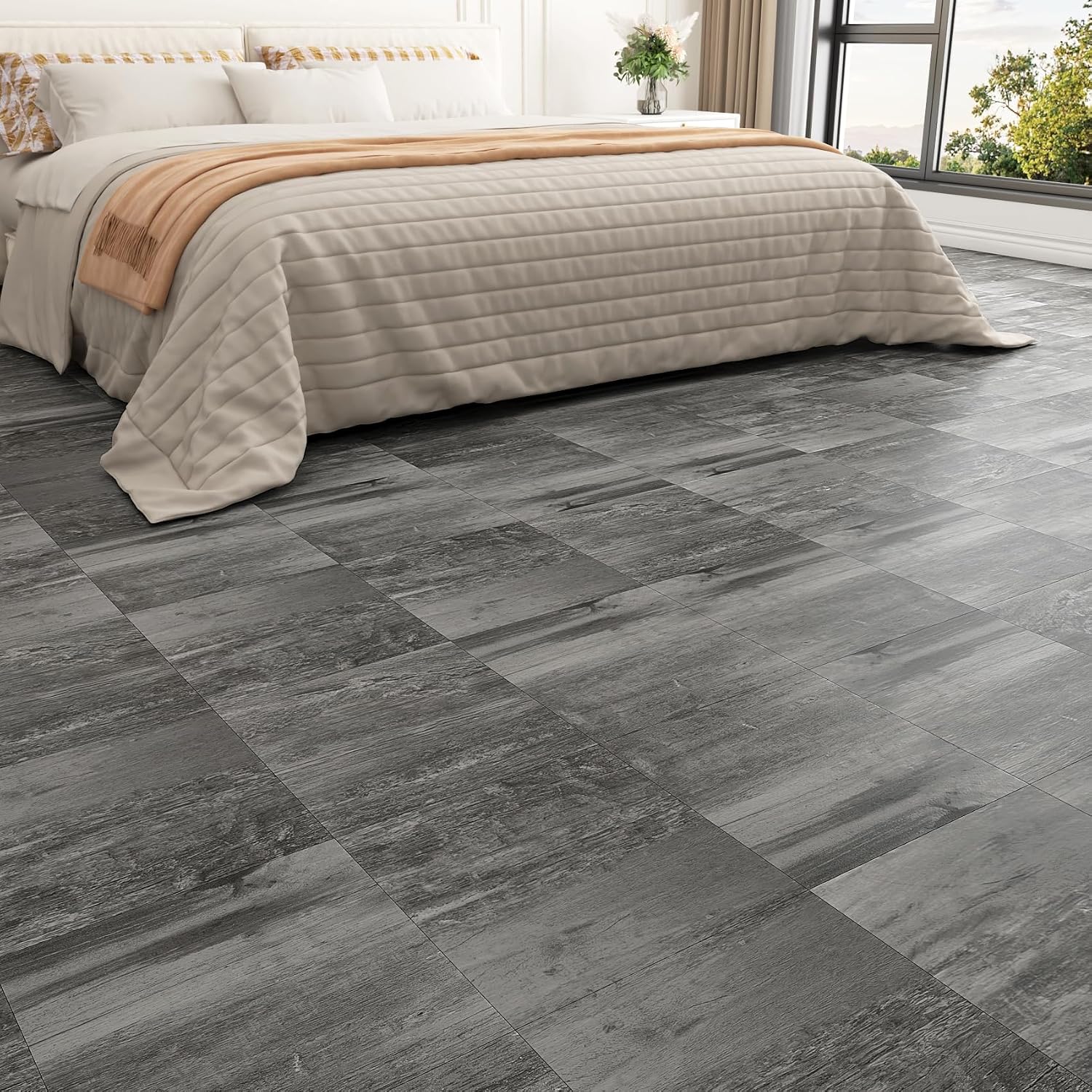 Decotalk Peel and Stick Floor Tile Waterproof Grey Wood Flooring Tile Floor 12x12 Inch Wood Vinyl Flooring Tile Square Floor Tile for Bathroom Bedroom, Renter Friendly, Easy to Install (3 PCS)