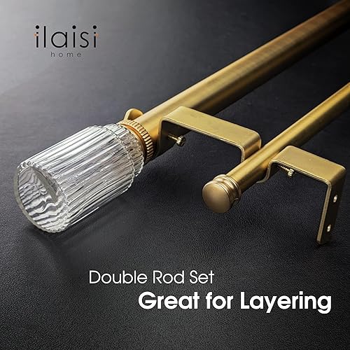 Miniatura 5 de ILAISIHOME Barras de cortina doradas de 1-18 pulgadas de diámetro con remate de vidrio acanalado, barras de cortina dobles telescópicas de 72-144
