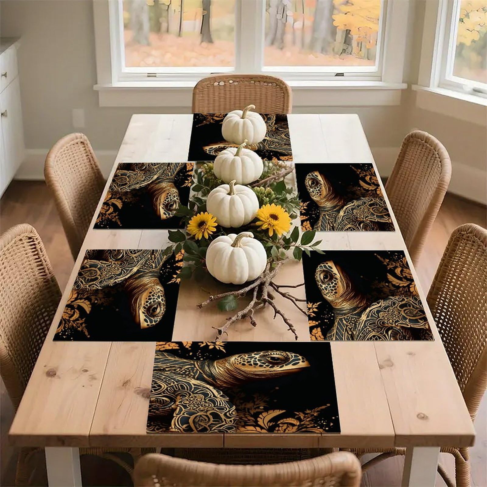 Black and Gold Sea Turtle Pattern Placemats Wipeable Heat Resistant Table Mats Washable Flax Place Mats Elegant Cloth Non-Slip Placemat for Kitchen Dinning Party Table Decor 12 * 18 in