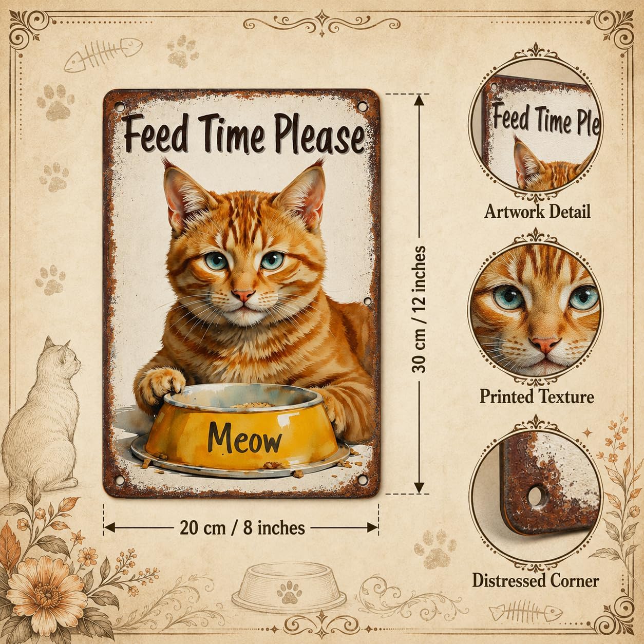 Cute Cat Feed Time Tin Sign - Metal 12x8 Inch Funny Vintage Wall Art for Kitchen, Dining Area, Pet Room, Gift for Cat Lovers