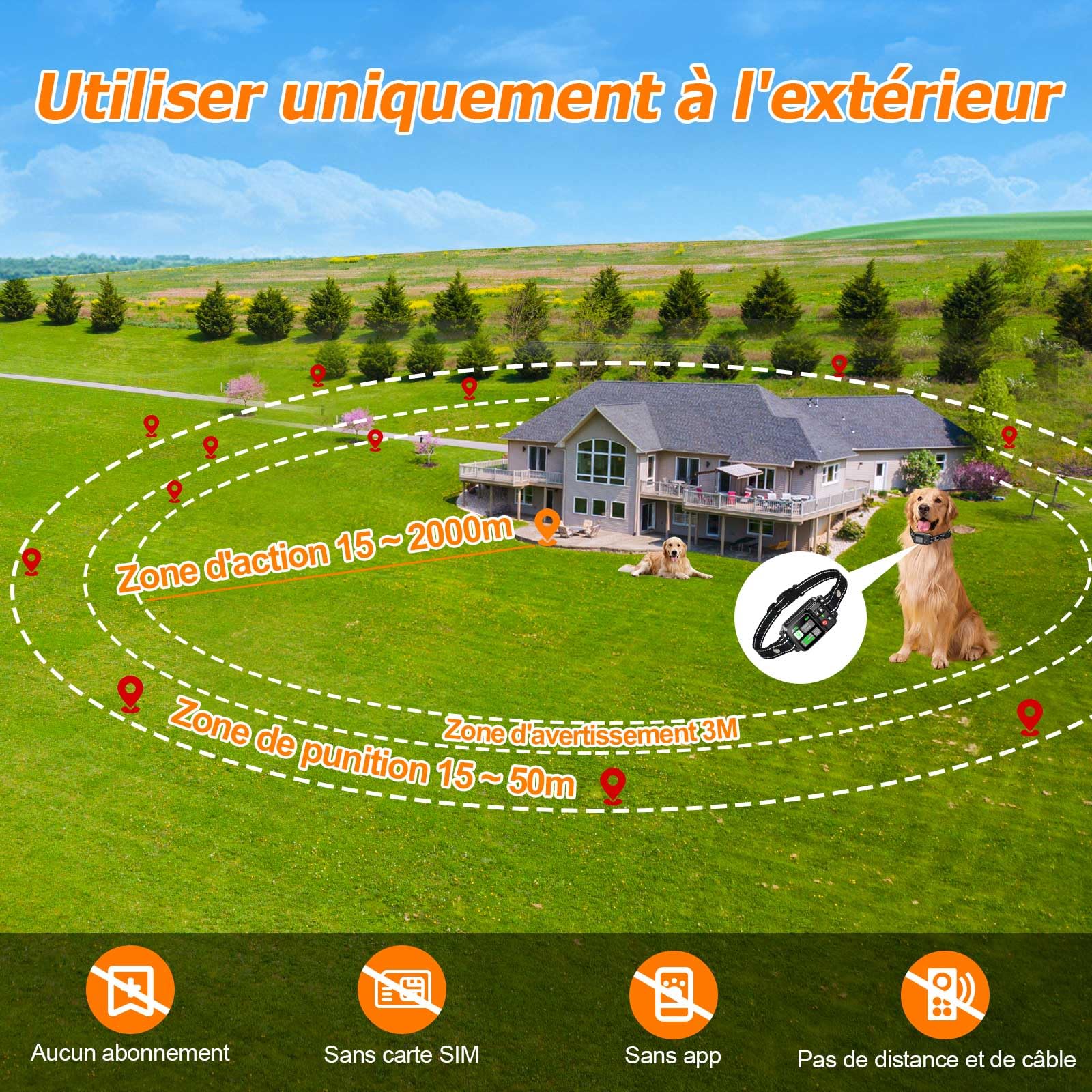 Système de clôture de Chien sans Fil GPS-Clôture de Chien électrique avec Technologie de Satellite électrique GPS, Gamme de système de clôture pour Animaux de Compagnie 20~2000m, 3 Modes imperméable
