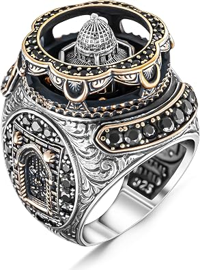 Solid 925 Sterling Silver Al-aqsa Mosque Motif Islamic Black Zircon Stone Mens Ring Muslim Religious Ring Gift For Dad