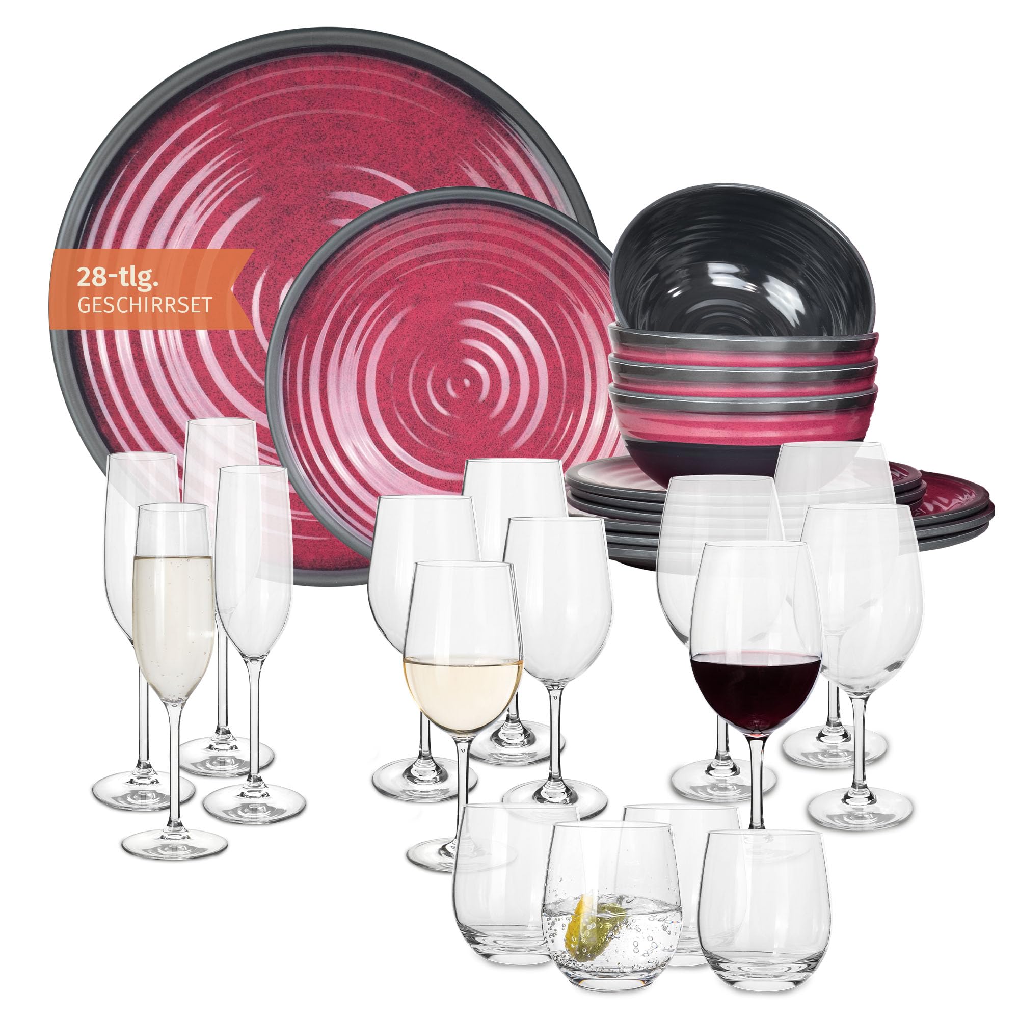 Set di stoviglie da campeggio in melamina, per 4 persone, colore rosso pietra + 16 bicchieri Tiamo, bicchieri da vino, champagne